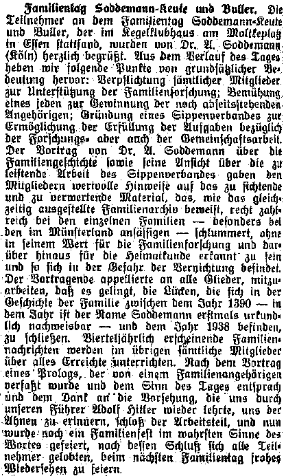 Zeitungsartikel über den ersten Familientag, 1938 in Essen